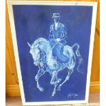 An oil on board of a horse and rider by Jacquie Jones (Newmarket equine artist),