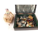 An ebony and silver mounted box containing a 9ct gold lady's wristwatch,