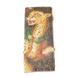 A tile with polychrome leopard decoration, paper label with inscription relating to Delos,