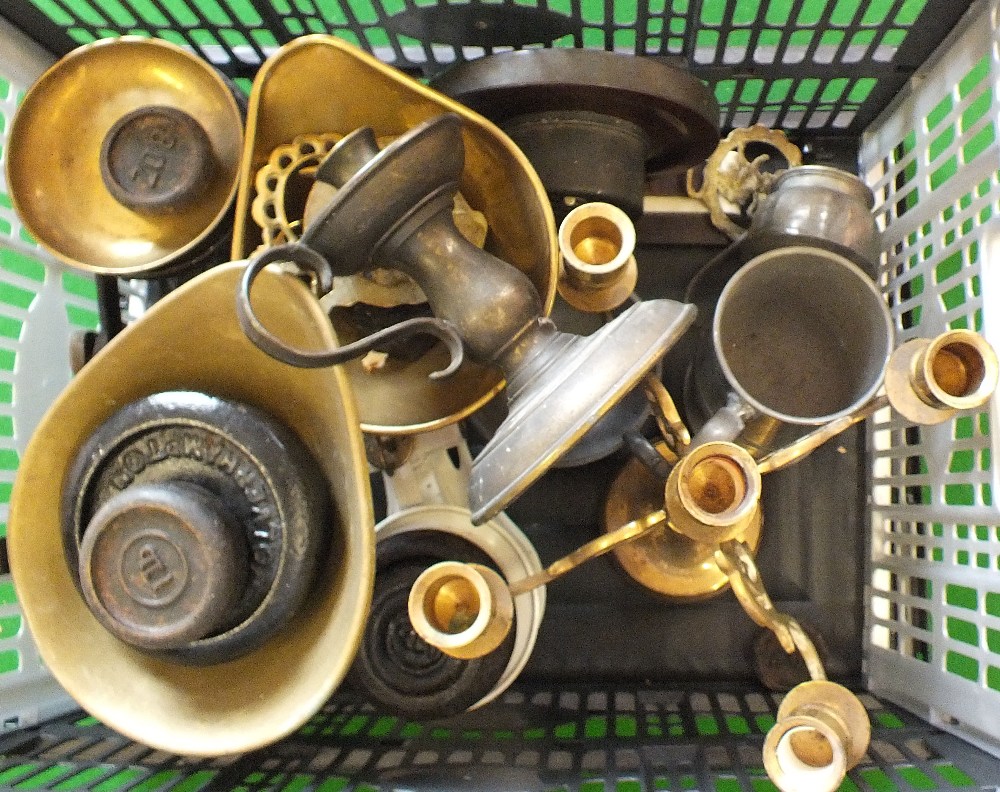 Two sets of scales and weights plus other metal ware and a rectangular gilt mirror