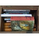A mahogany box containing topographical and other books plus a box of football books