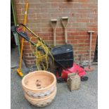 A Power Devil electric lawn mower, various garden tools, ornament, vintage oil can,