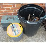 Two tool boxes with contents, terracotta pots, a scythe,