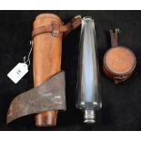 A conical flask by Dixons within its leather case (case as found)
