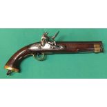 A Flintlock holster pistol, 15 1/2" overall with a 9" barrel of approx 16 bore with captive ramrod,