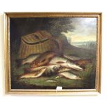 An unsigned oil on canvas of fish and creel,