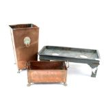 Three Victorian copper warming pans, spirit burner stand,