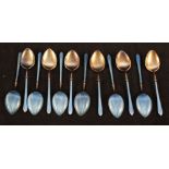 A set of twelve blue guilloche enamel coffee spoons marked 930 (damage to enamel on two)