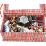 A box of various costume jewellery plus a silver brooch