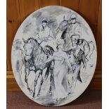 Jacqui Jones unframed oil on canvas of horses and jockeys with racegoers,