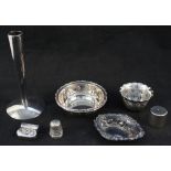 Four small silver dishes, stamp box (as found),