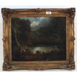 An oil on board of a night scene with woodland pond, title to frame T.