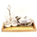 A silver plated three decanter set,