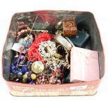 A box of costume jewellery including necklaces, bracelets,