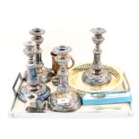 A set of four silver plated telescopic candlesticks (one missing sconce) plus other silver plate