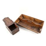 A 19th Century elm three division cutlery tray and an antique mahogany candle box with sliding lid