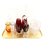 Three cut glass decanters plus Art and other glass
