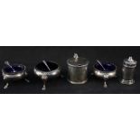 A silver drum mustard plus other cruet items