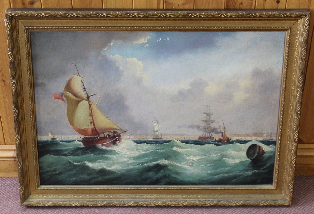 A signed oil on canvas of a coastal scene with vessels,