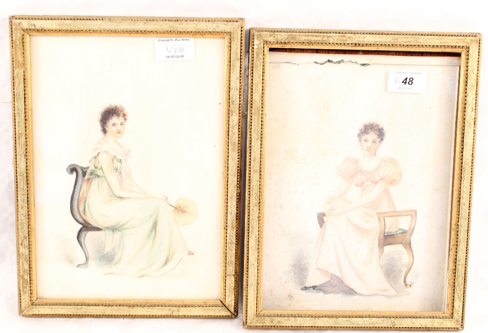 A pair of Regency watercolours of seated ladies,