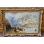 An oil on canvas, Heidelberg on river Neckar showing bridge, town and castle,