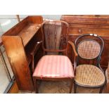 A Vintage suitcase, pine bookcase, five assorted chairs, 70's coffee table, gate leg table,