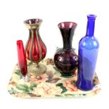 A brass clad ruby glass vase plus other glassware