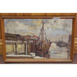 Jack Goddard oil on board of a harbour scene with fishing vessels,