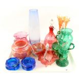 Items of cranberry and Victorian coloured and Art glass