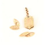 A pair of 9ct gold floral chased cufflinks plus a yellow metal locket