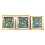 Five framed 16th Century German stove tiles with figure decoration,