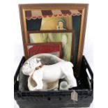 A large pottery bulldog, pictures, clock,