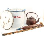 Enamel bread and flour bins etc plus fishing rod and parasol