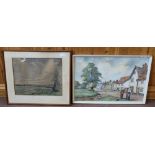 Jack Goddard two watercolours of a landscape and village scene