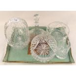 A heavy cut glass basket, decanter,