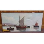 An unframed oil on canvas of boats in harbour, signed L.