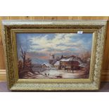 A signed oil on canvas of a winter scene with forge and mill, figures and horses,