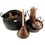 An iron cauldron marked NACB, Victorian copper kettle, brass jam pan,