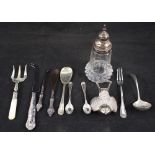 A silver top sugar caster plus other items