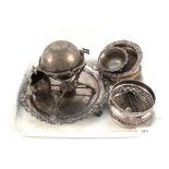 Three silver plated coasters plus other silver plate