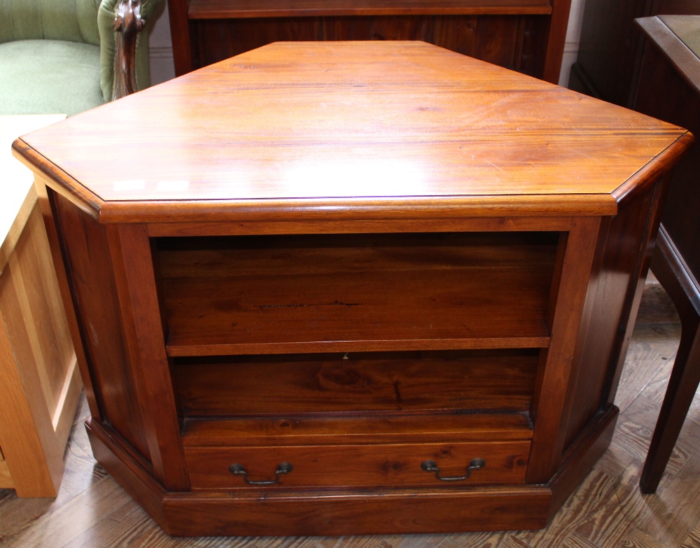 A modern hardwood corner TV cabinet with single drawer