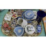 A 19th Century blue and white boy on buffalo plate plus Wedgwood and other china and glass