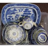 A Victorian Willow pattern meat plate plus blue and white china (two boxes)