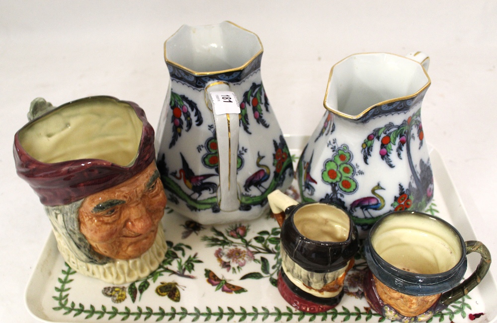 A pair of Losol ware bird and floral jugs plus three character jugs