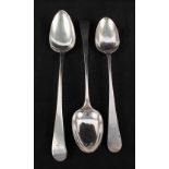 Three Georgian silver basting spoons, various dates,