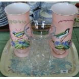 A pair of Victorian pink bird and floral opal glass vases plus a cut glass vase