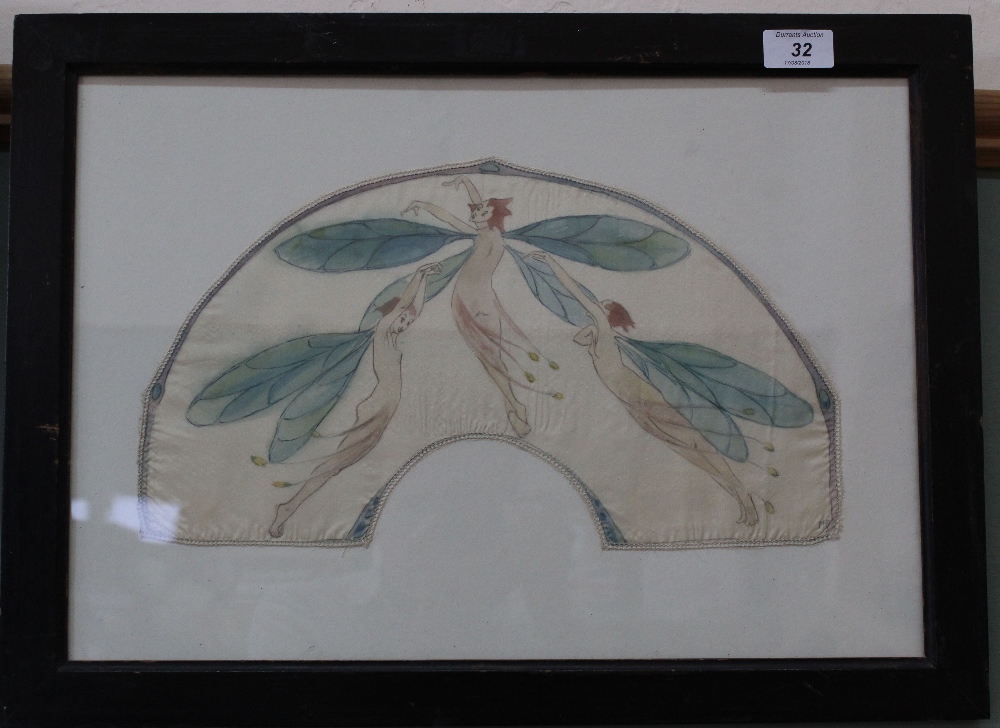 An Art Deco framed silk fan painted with winged nymphs,