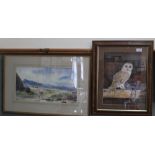 Sandra Canning watercolour of an owl plus a landscape watercolour