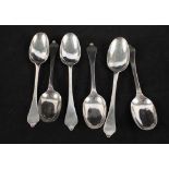 Six silver dog nose spoons, bottom struck with crested handles,