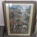 A coloured print of a mediaeval procession plus two wall mirrors